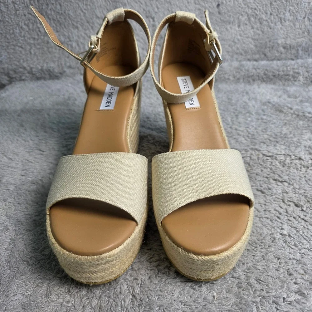 Steve Madden Platform Espadrille Wedge Sandals‎ Natural Linen Tan Women 10M NEW